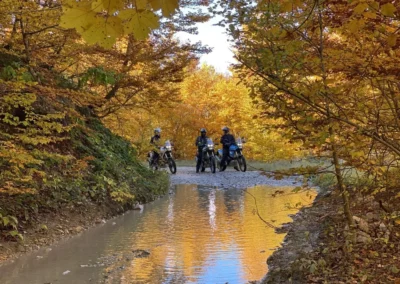 A group of adventure motorcycles stopped before a shallow water crossing in an autumn forest in the Balkans.