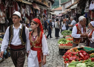 People wearing traditional clothing walking through a historic street in Kosovo.