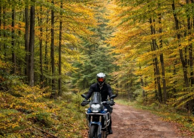 ADV rider on a dirt forest road surrounded by autumn foliage in the Balkan mountains.