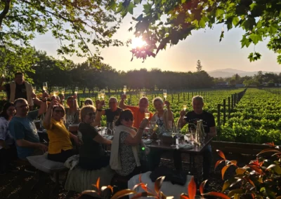 Group of motorcycle travellers raising glasses at a vineyard in South Africa.